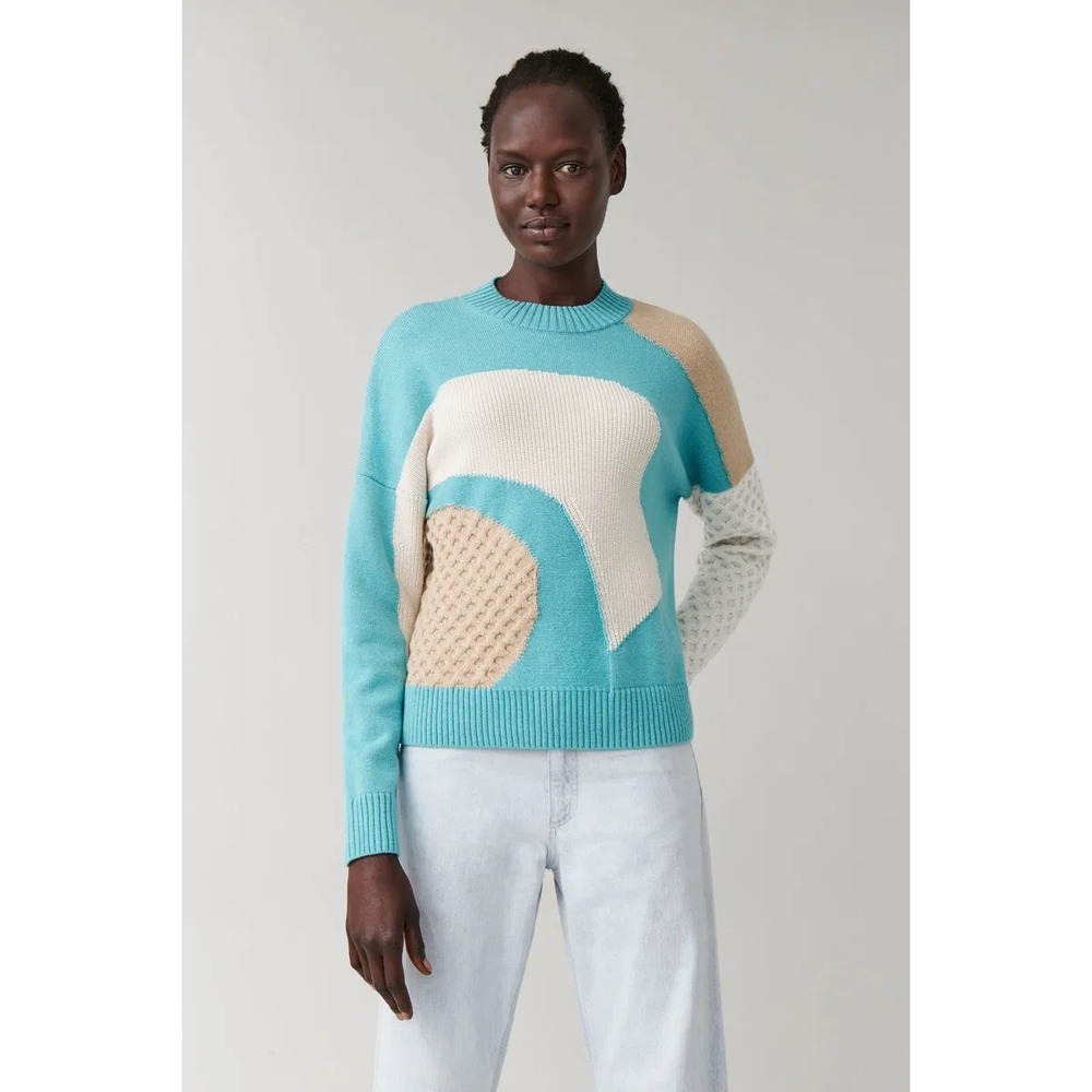 COS Contrast-Knit Abstract Cotton Wool Sweater Turquoise Colorblock Crewneck